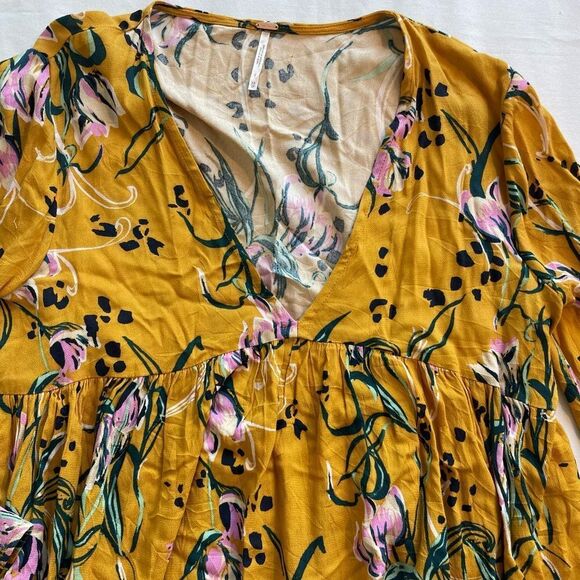 Free People Women's Bella Golden Yellow Floral Tunic V Neck Mini Dress Size XS - Picture 7 of 7